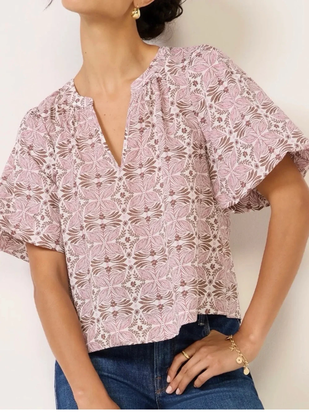 Evereve women’s block print Chloe v-neck swing blouse top large summer vacation - Picture 1 of 8